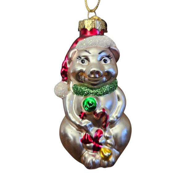 Christopher Radko Pig Ornament Santa Hat Candy Cane 3" Glass Christmas - Picture 1 of 6